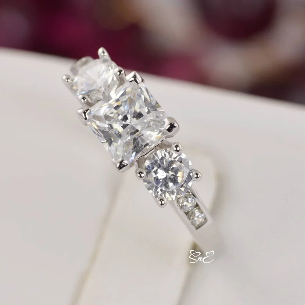 NEW 3 STONE REAL 925 PRINCESS DIAMOND CUT WEDDING RINGS ENGAGEMENT RING